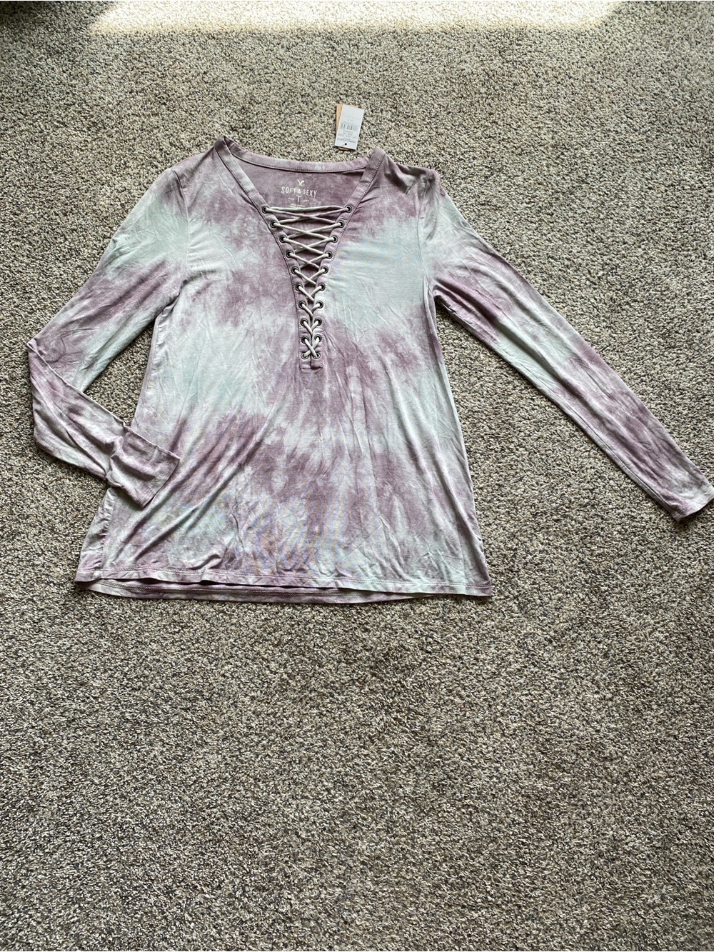 American Eagle Outfitters Women’s Lavender Tie-Dye Lace-Up Long Sleeve Top Sz S
